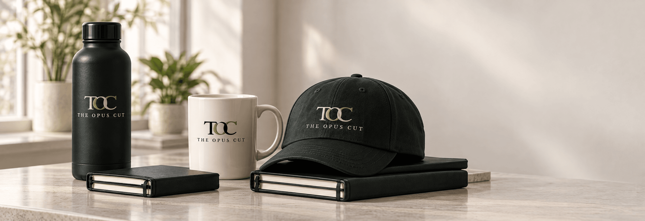 The Opus Cut bottle, mug and cap, each carrying the TOC logo, on a desk with black notebooks